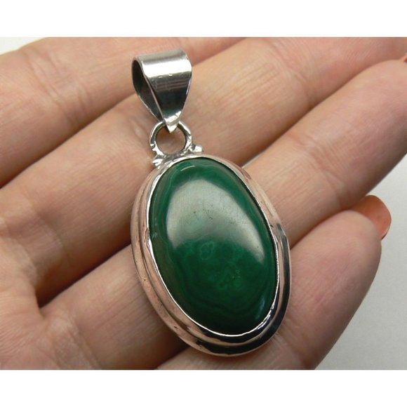 Genuine MALACHITE Sterling SILVER Cabochon Pendant - Picture 4 of 4